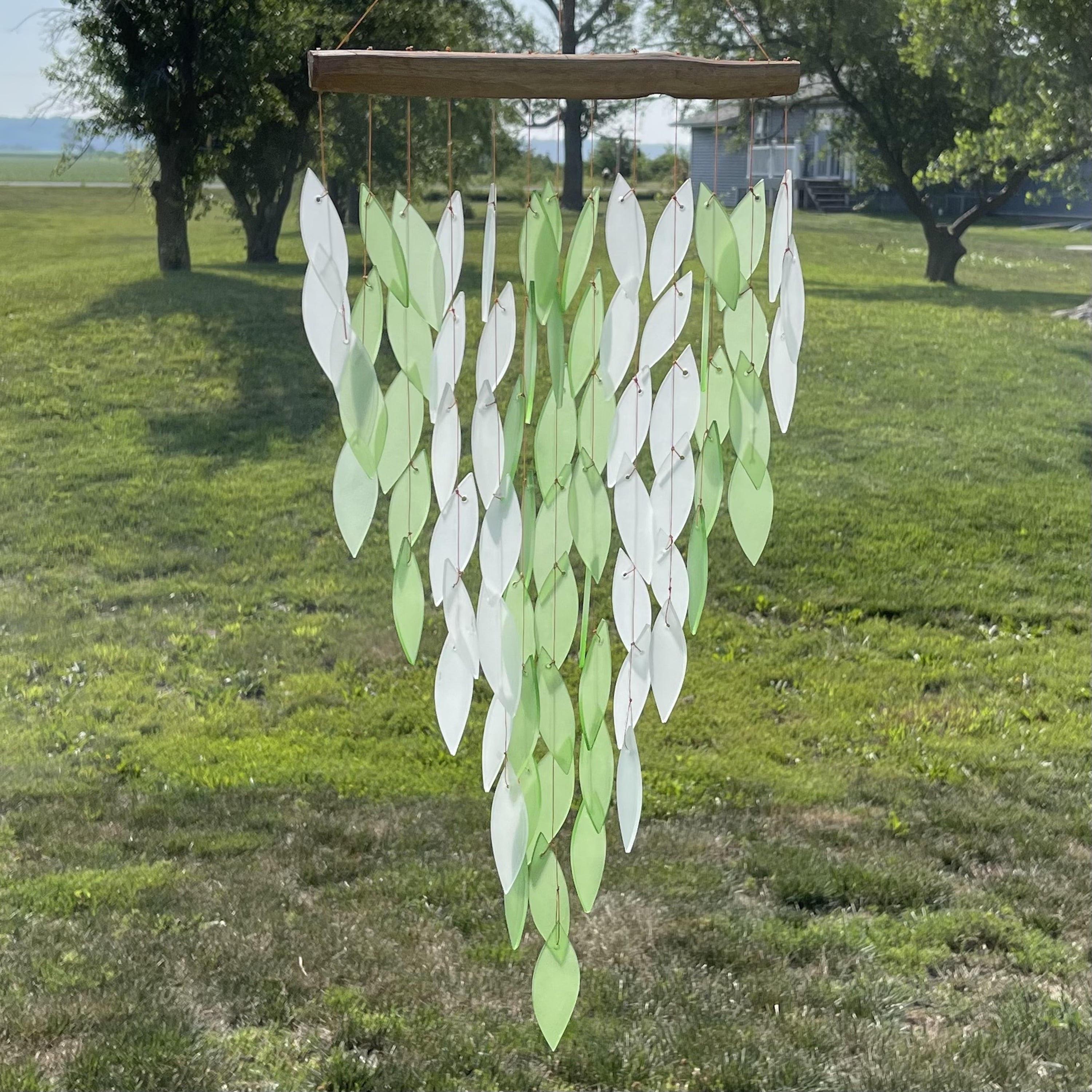 Handcrafted Green and White Glass Driftwood Wind Chime