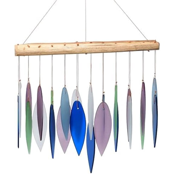Blue Handworks Mountain Ridge Glass Chime, Sandblasted Glass and Found Wood Handcrafted Wind Chime
