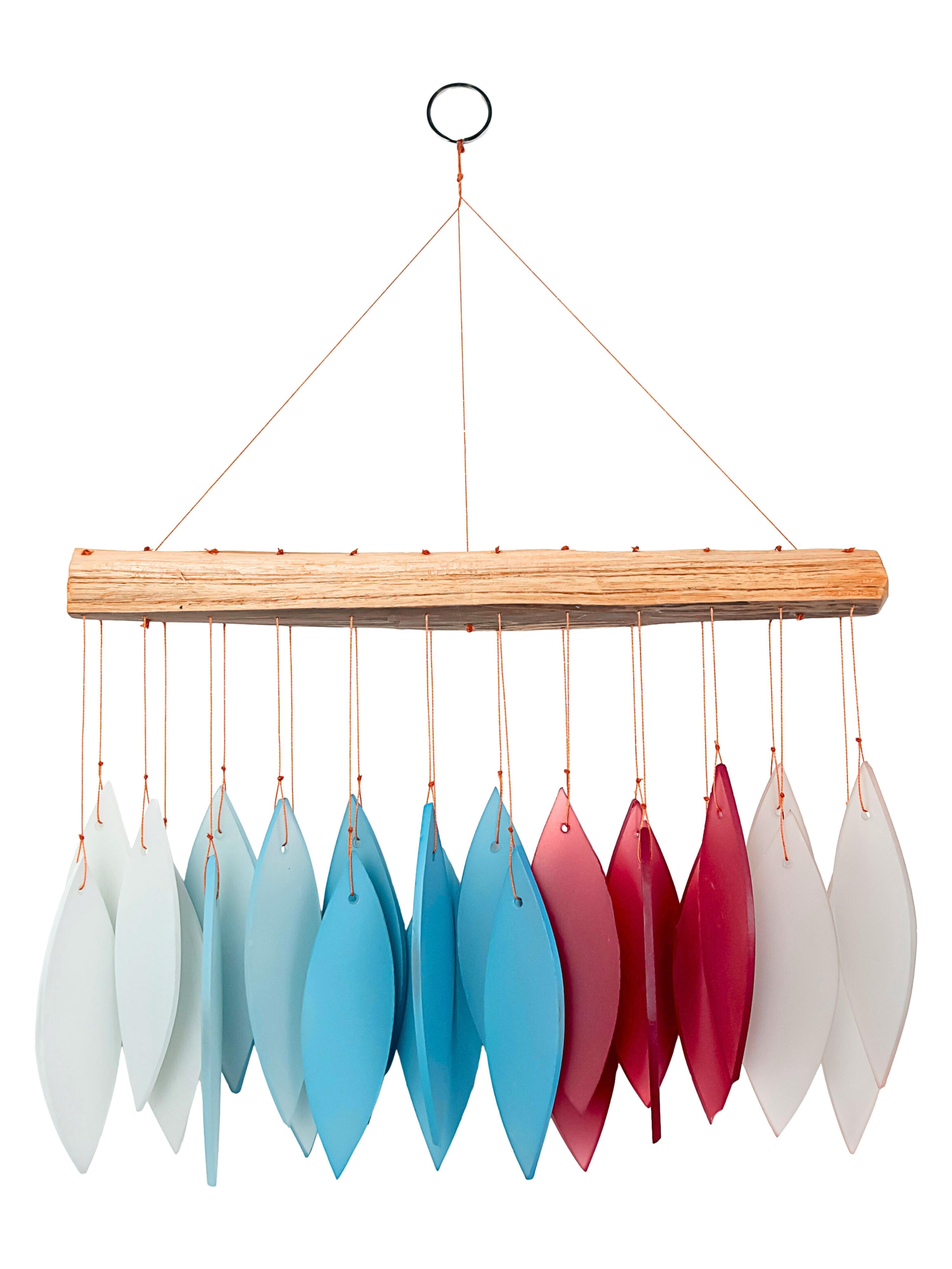 Blue Handworks New England Harbor Glass Leaves Windchime - Sandblasted Glass and Found Wood Handcrafted Wind Chime