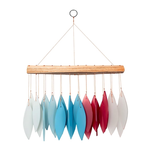Blue Handworks New England Harbor Glass Leaves Windchime - Sandblasted Glass and Found Wood Handcrafted Wind Chime
