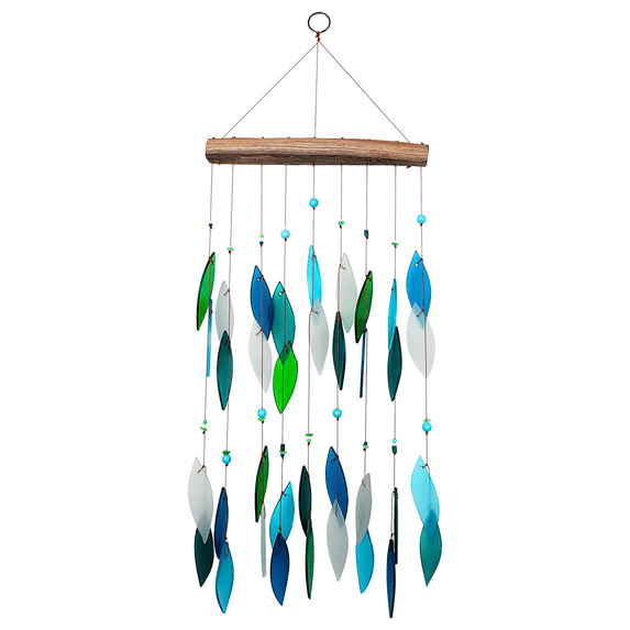 Blue Handworks Ocean Blues Beaded Glass & Driftwood Wind Chime - Sandblasted Glass and Found Wood Handcrafted Outdoor and Garden Windchime