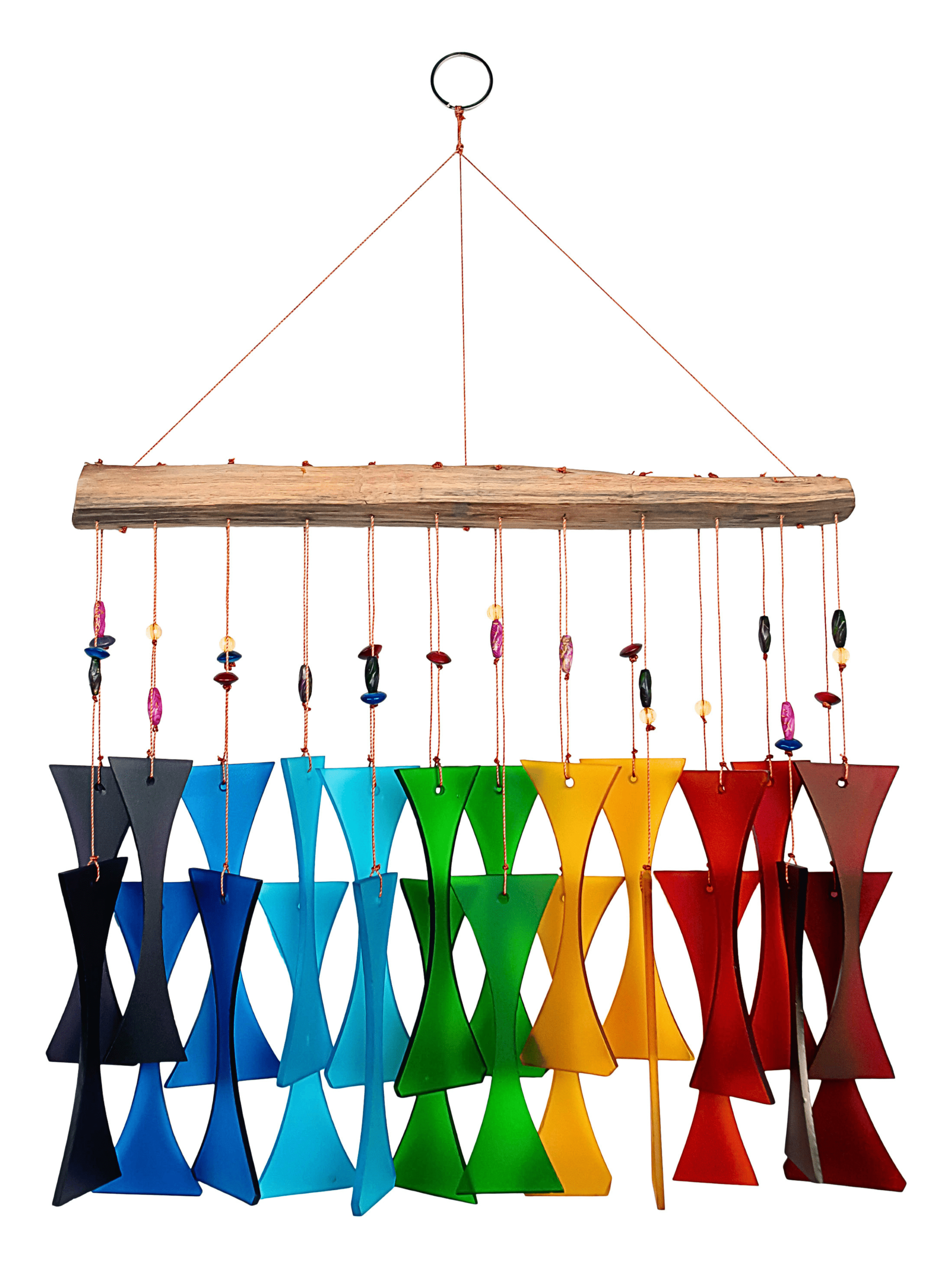 Blue Handworks Rainbow Beaded Glass & Driftwood Cast Off Wind Chime - Sandblasted Glass and Found Wood Handcrafted Outdoor and Garden Windchime