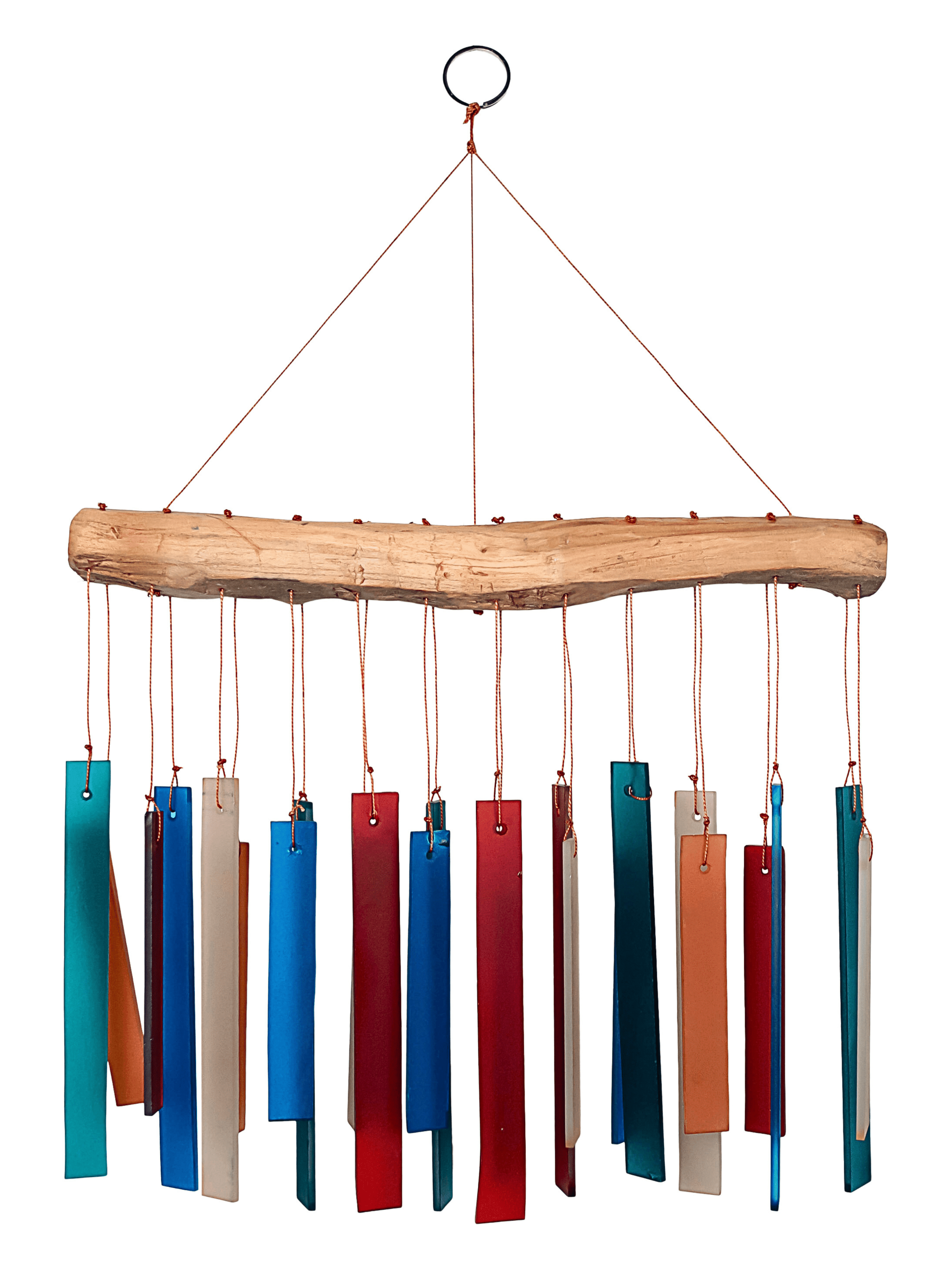 Blue Handworks Retro Colors Glass & Driftwood Chime - Sandblasted Glass and Found Wood Handcrafted Wind Chime for Outdoor and Garden Décor