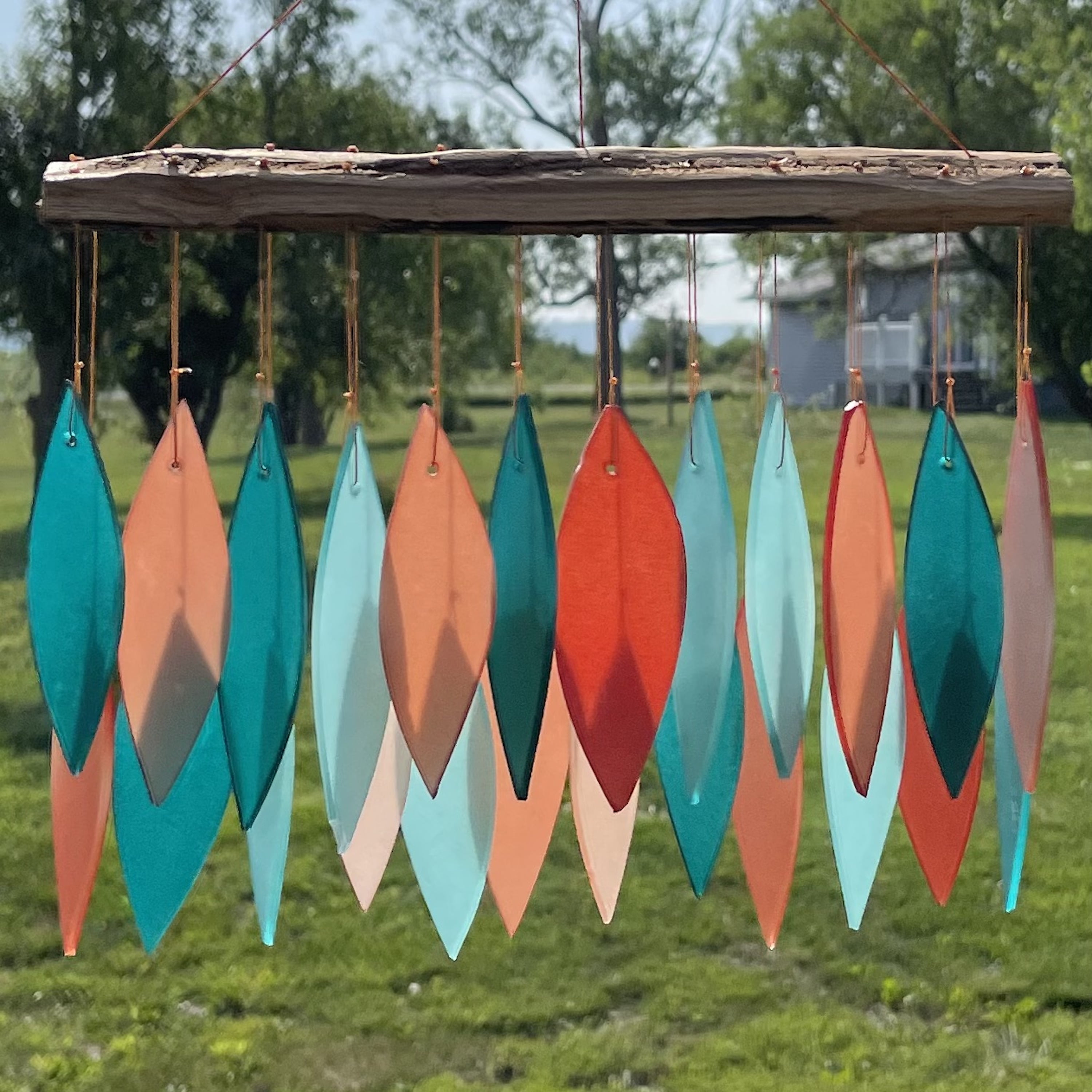 Coral and Teal Glass and Driftwood Wind Chime