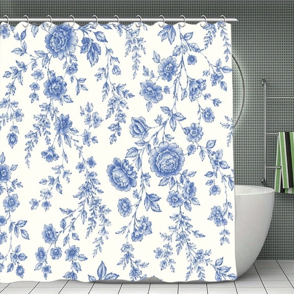 Blue Hanging Floral Toile Pattern Print Shower Curtain,Cloth Fabric Waterproof Polyester Bathroom Home Decor Set with Hooks