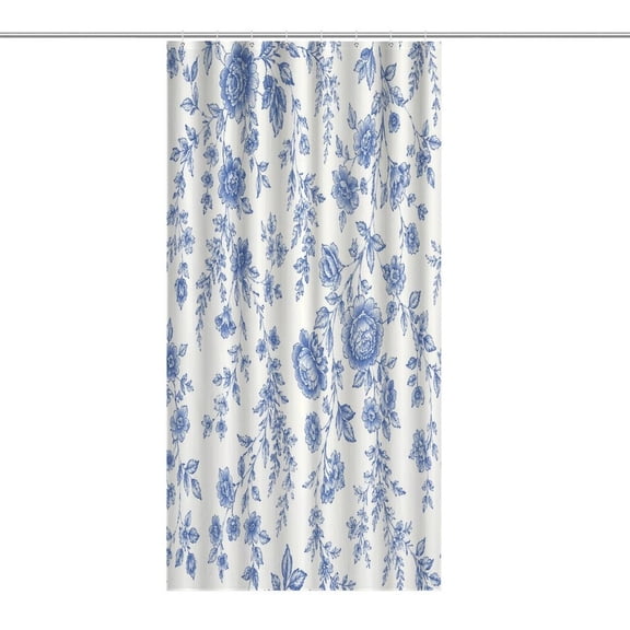 Blue Hanging Floral Toile Pattern Print Shower Curtain,Cloth Fabric Waterproof Polyester Bathroom Home Decor Set with Hooks