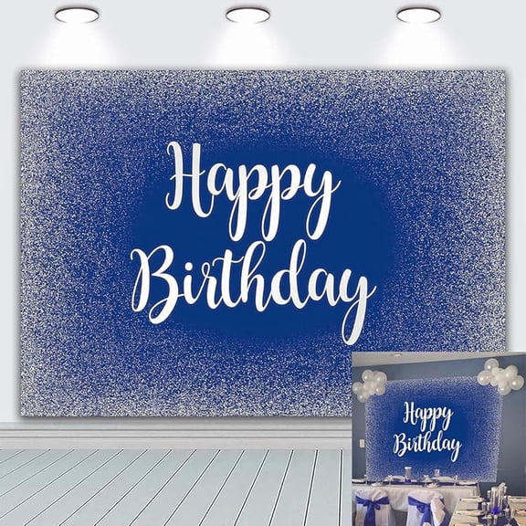 Blue Happy Birthday Backdrop Adults Mans Boys Bday Party Banner Silver Glitter Spots Photography Background Table Wall Decorations Photo Shoot Booth Studio Props