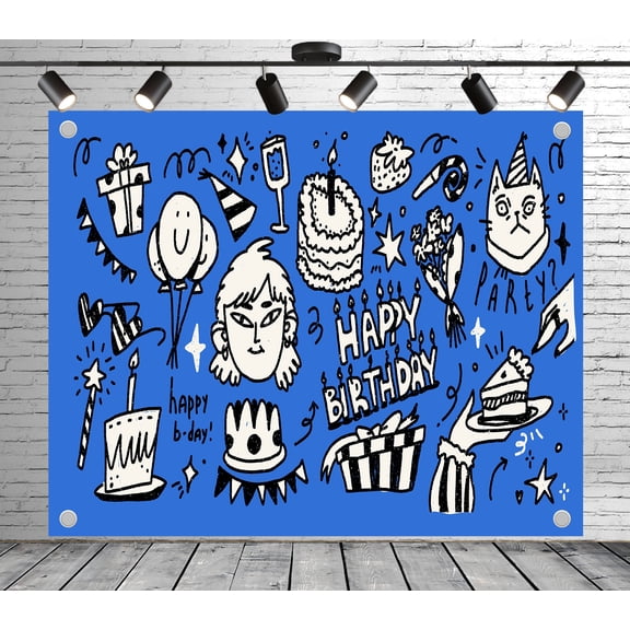 Blue Happy Birthday Backdrop | Cartoon Theme Party Decorations Photo Decor Banner for Boys Baby Shower Birthday Cake Tablecloth Decor