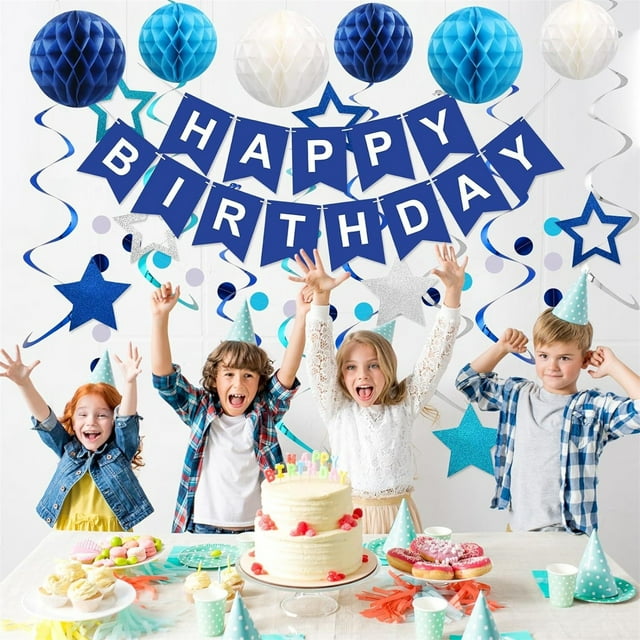 Blue Happy Birthday Banner&Cute Flag Bunting Paper Circle Confetti ...