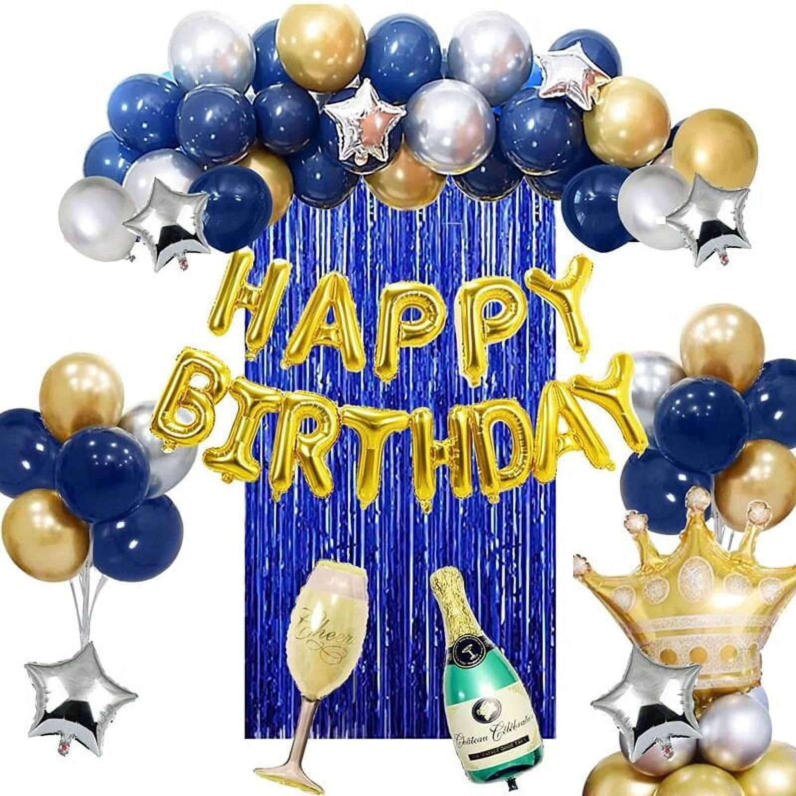 Blue Happy Birthday Party Decoration with Crown Wine Bottle Foil ...