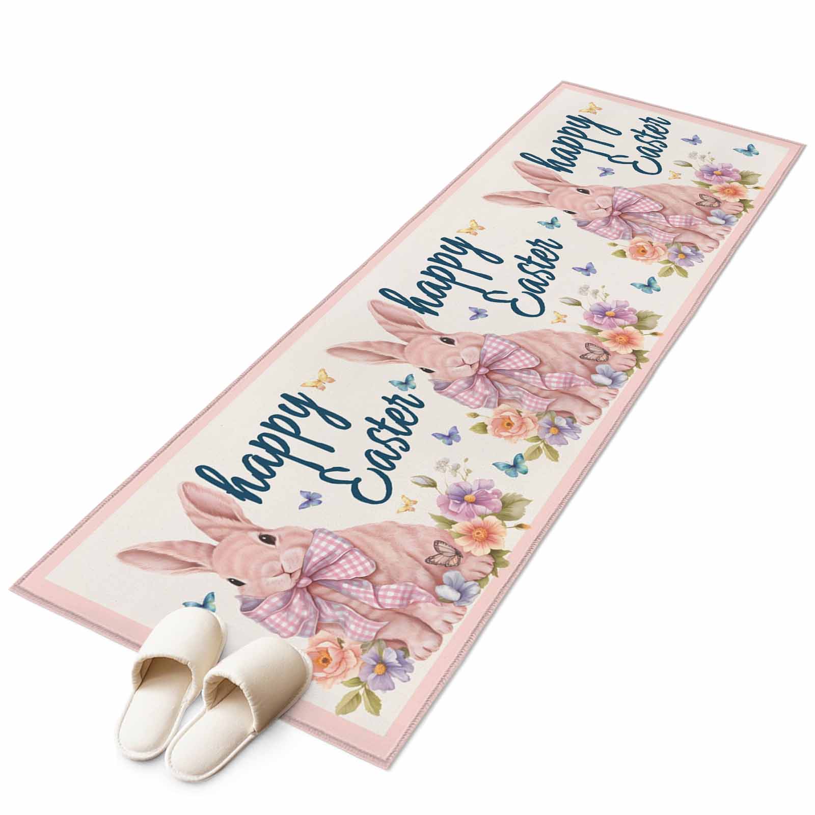 Pink Easter Rug Blue Happy Easter Washable Area Rug 2 x 6 ft Cute Pink Rabbit Butterfly ...