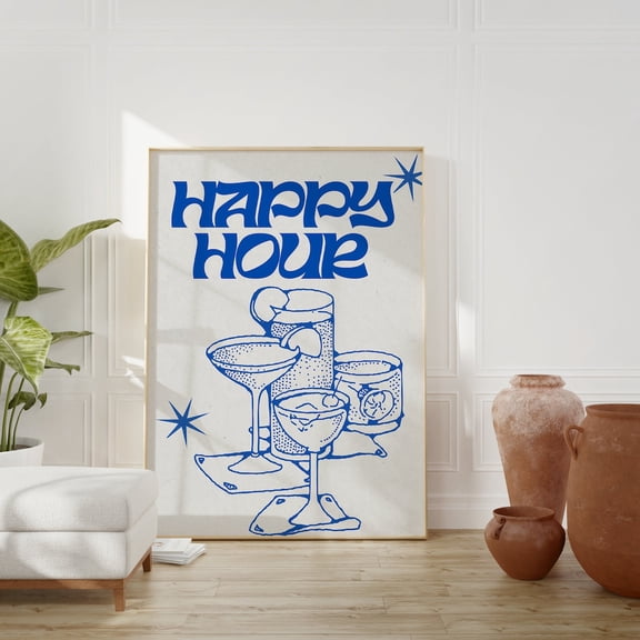 Blue Happy Hour Print, Cocktail Bar Cart Decor, Unframed Paper Poster 8x10in