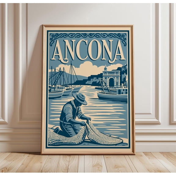 Blue Harbour Vintage Fisherman Art Ancona Paper Print, Unframed Paper Print