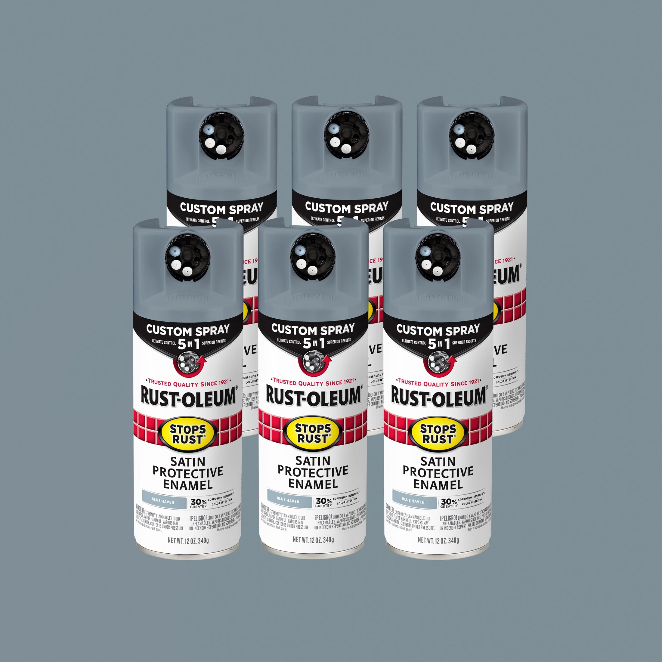 6 Pack, Blue Haven, Rust-Oleum Stops Rust Custom Spray 5 in 1 Satin Spray Paint-383423, 12 oz