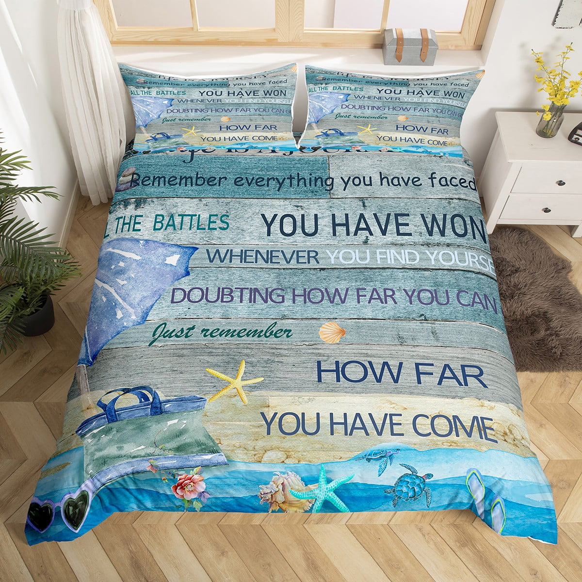 Blue Hawaii Beach Decor Bedding Set Inspirational Quotes Comforter