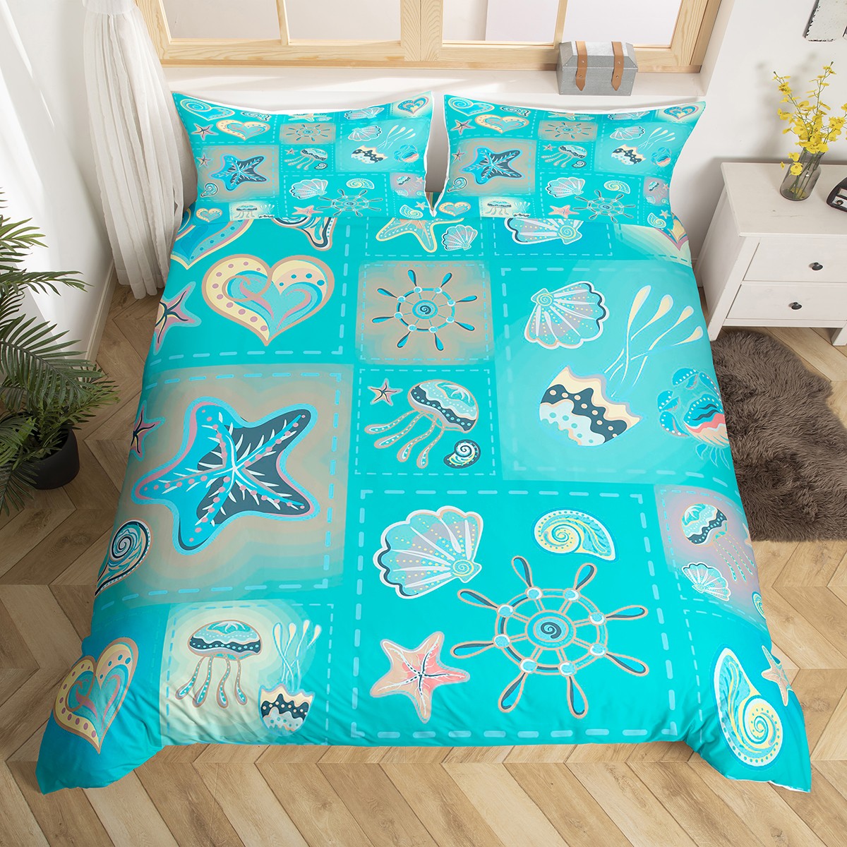 Feelyou Queen Size Nautical Comforter Set - Jellyfish & Anchor Print, Navy Blue, Includes 2 Pillowcases