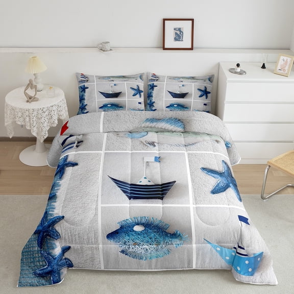 Blue Hawaii Comforter Set Starfish Quilt for Women Adults,Patchwork Fish Ocean Bedding Set King Nautical Sailboat Duvet Insert,Tropical Sand Sea Animal Beach Decor