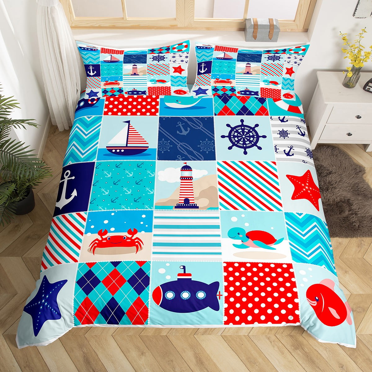 Blue Hawaii Duvet Cover Patchwork Ocean Decor Twin Bedding Set Kids