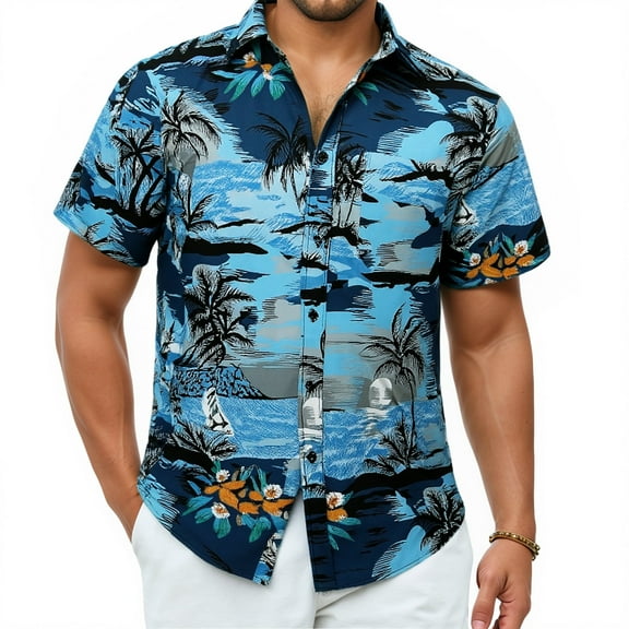 Blue Hawaiian Shirts for Men Short Sleeve Prin Tropical Shirts Navy Floal Palm Summer Beach 2XL