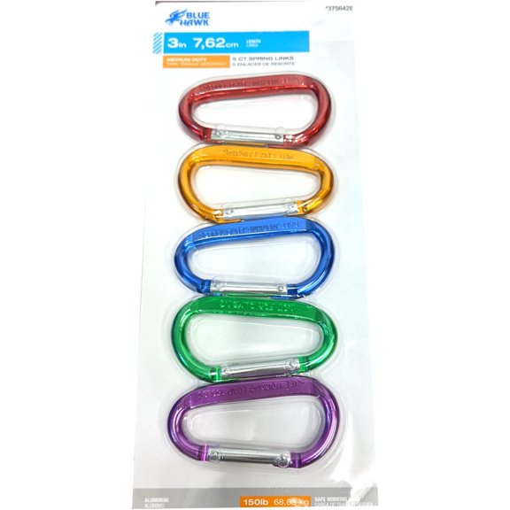 Blue Hawk 3-in Aluminum Spring Links, 5-Pack Multi-Color Carabiner Clips (150 lb Capacity)