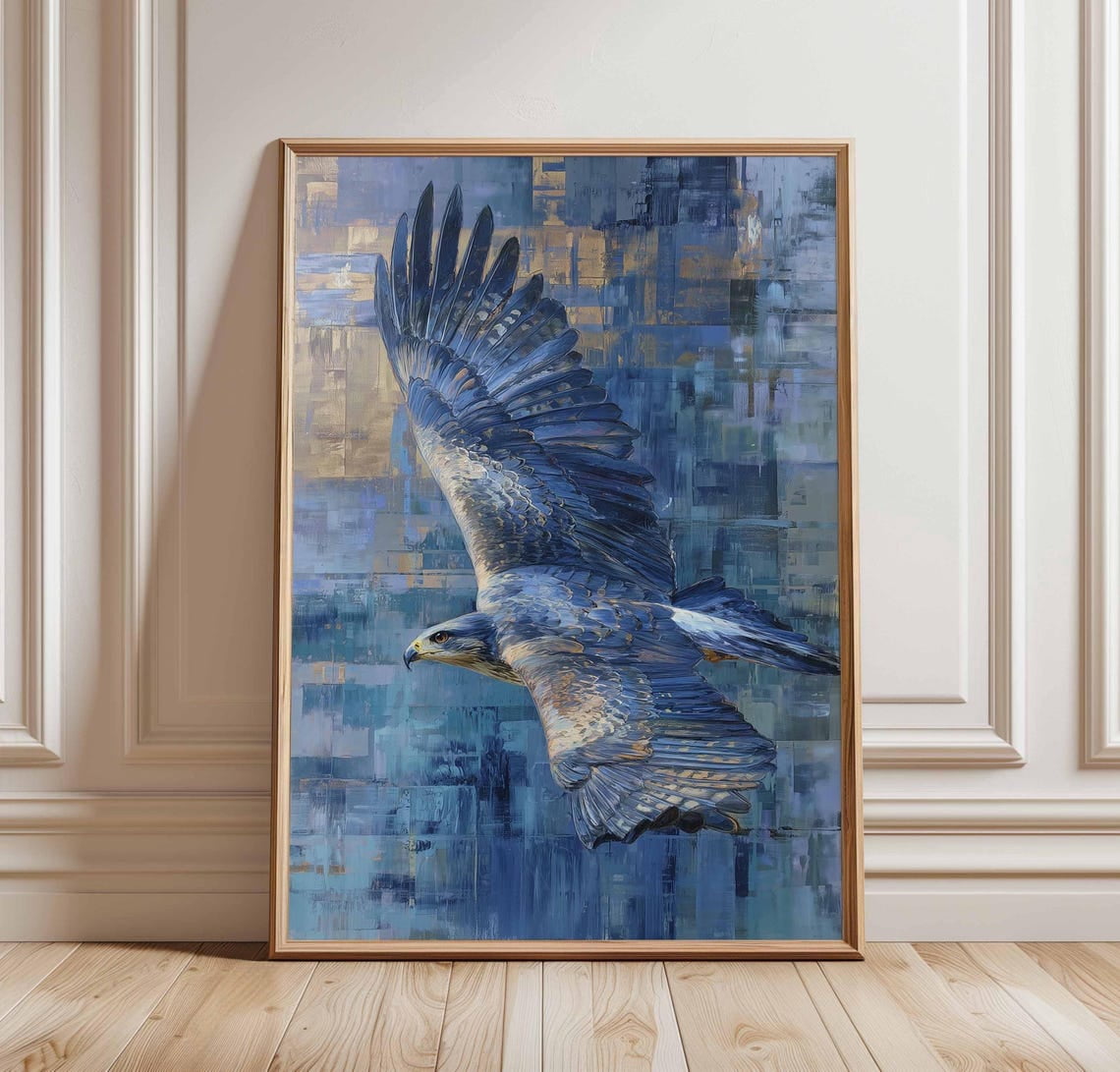 Blue Raptor Fall Blue Hawk Poster, Abstract Bird Of Prey, Flying, Modern And Gold ...