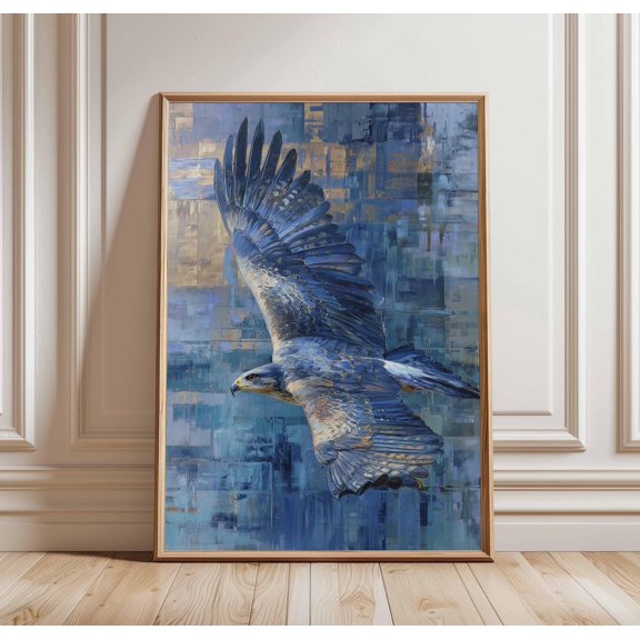Blue Hawk Poster, Abstract Bird of Prey Wall Art, Flying Hawk Painting Print, Modern Blue and Gold Wildlife Decor, Soaring Raptor Poster, Poster Only