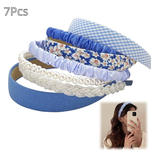 Blue Headbands for Women, Girls, 7Pcs Non-Slip Fashion Set - Floral, Pearl, Wide, Boho Styles