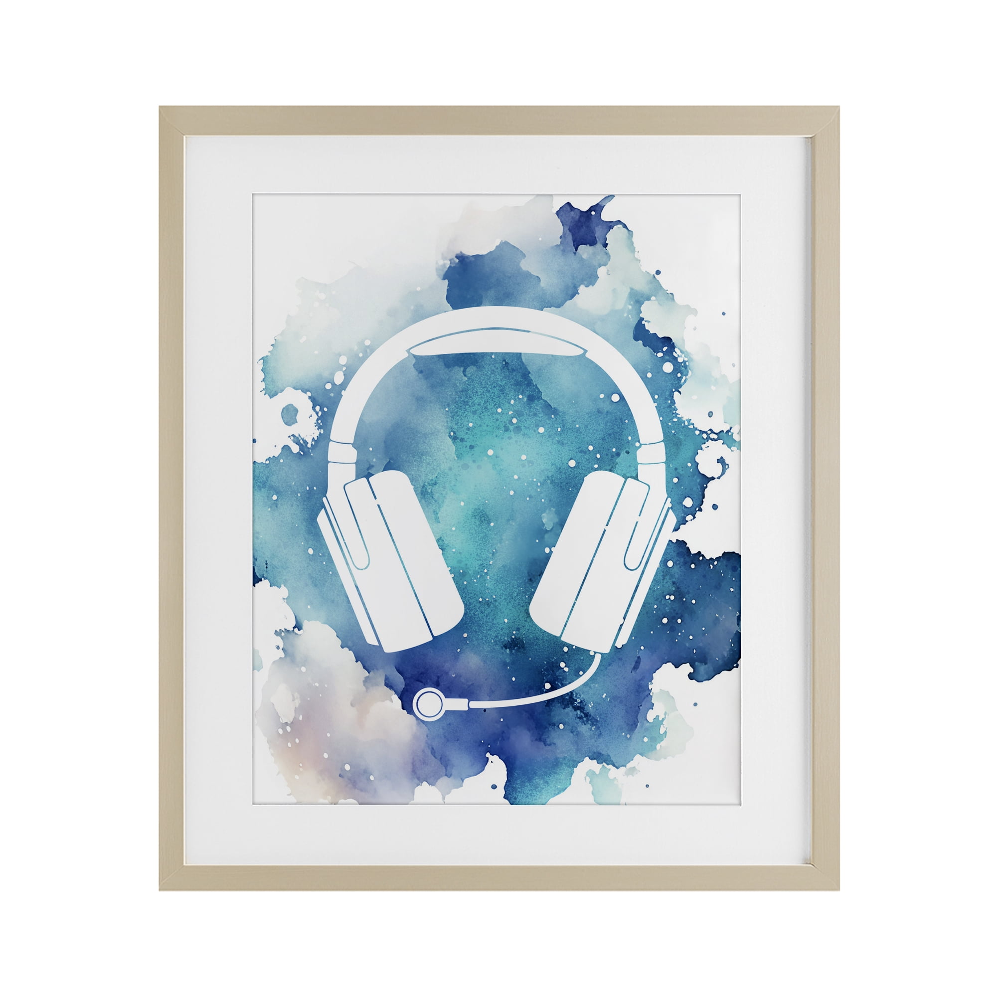 Blue Headphone Splatter Birch Framed Print Under Glass, design by Marcus Prime