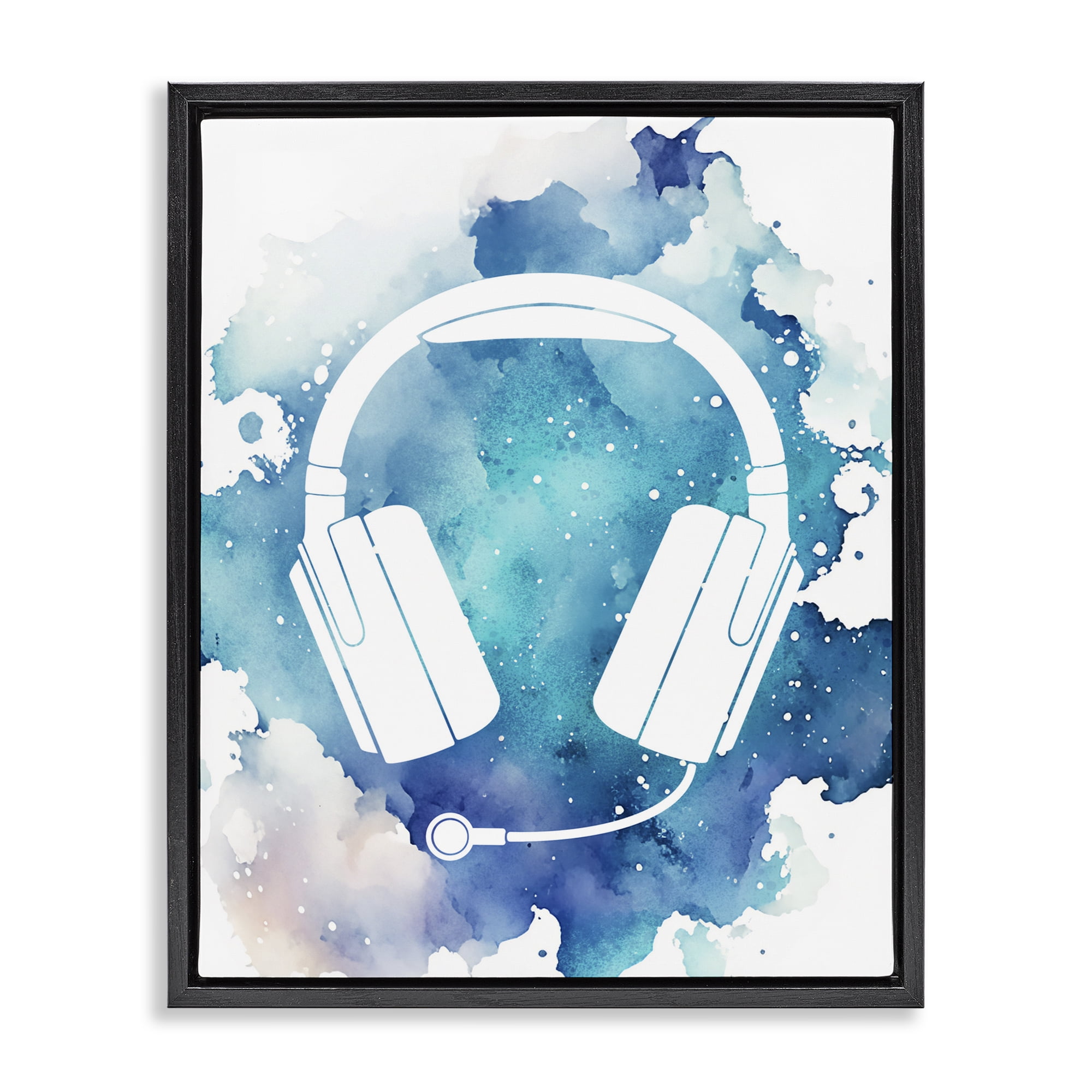 Blue Headphone Splatter Black Framed Floater Canvas Wall Art, design by Marcus Prime