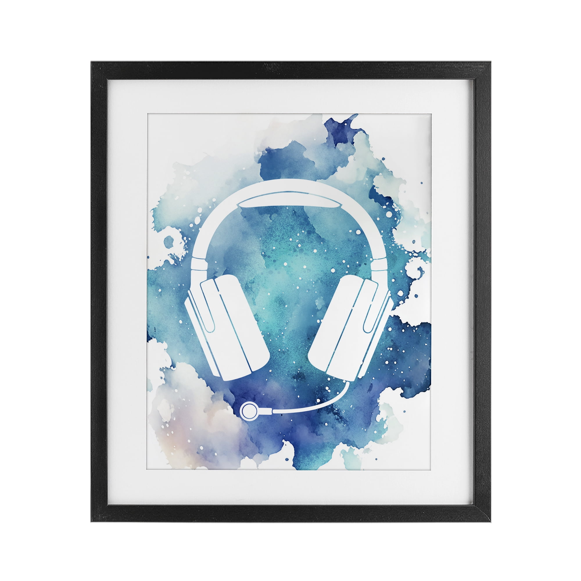 Blue Headphone Splatter Black Framed Print Under Glass, design by Marcus Prime