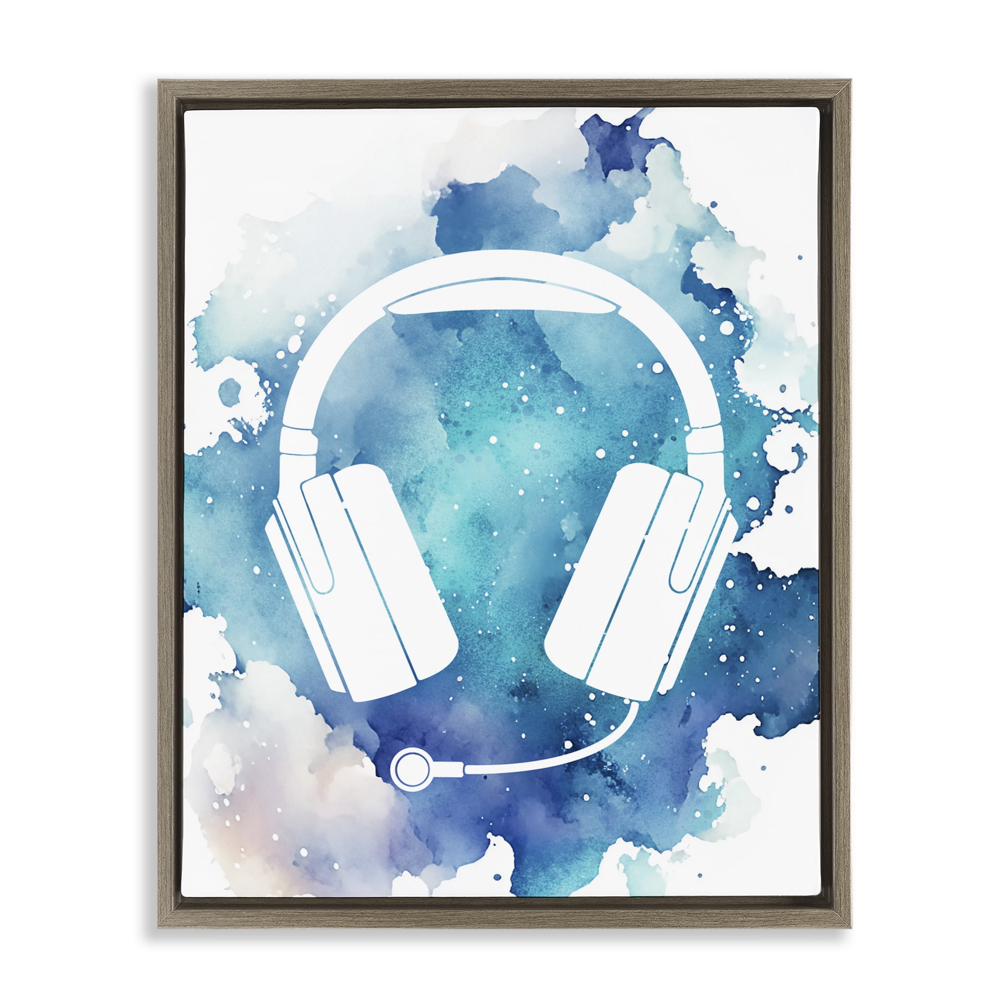 Blue Headphone Splatter Brown Framed Floater Canvas Wall Art, design by Marcus Prime