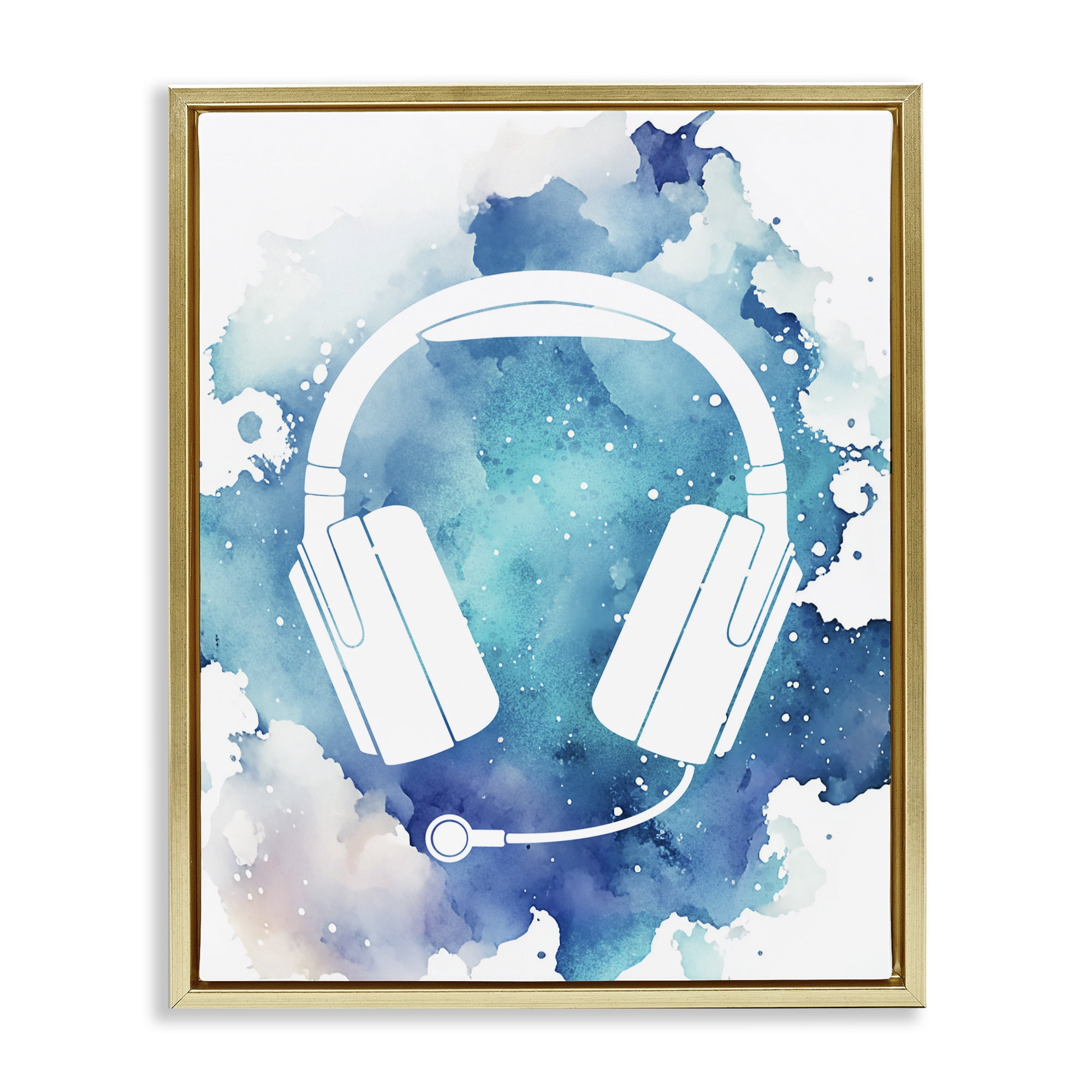 Blue Headphone Splatter Gold Framed Floater Canvas Wall Art, design by Marcus Prime