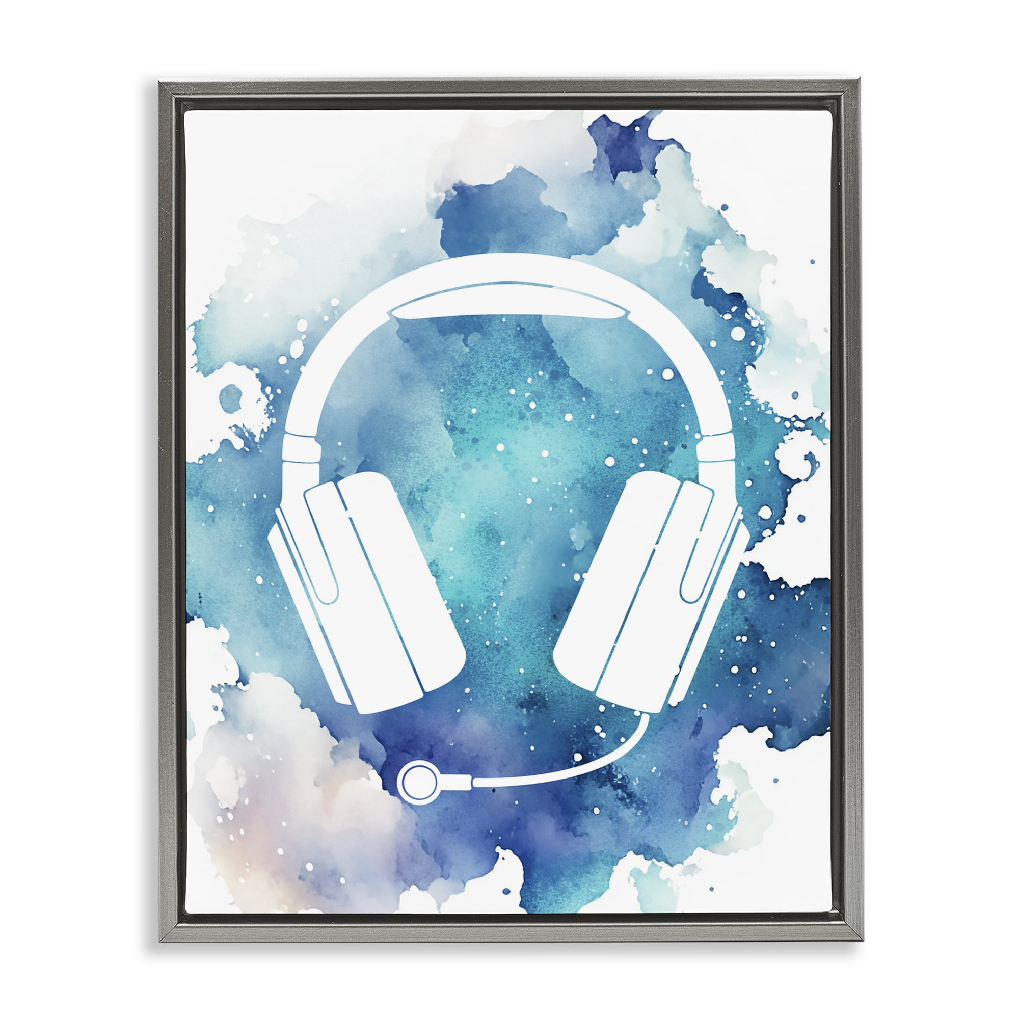 Blue Headphone Splatter Gray Framed Floater Canvas Wall Art, design by Marcus Prime