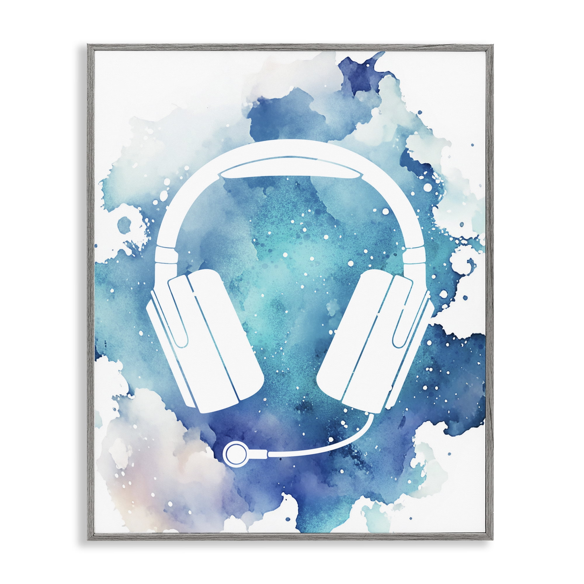 Blue Headphone Splatter Gray Framed Giclee Art, design by Marcus Prime
