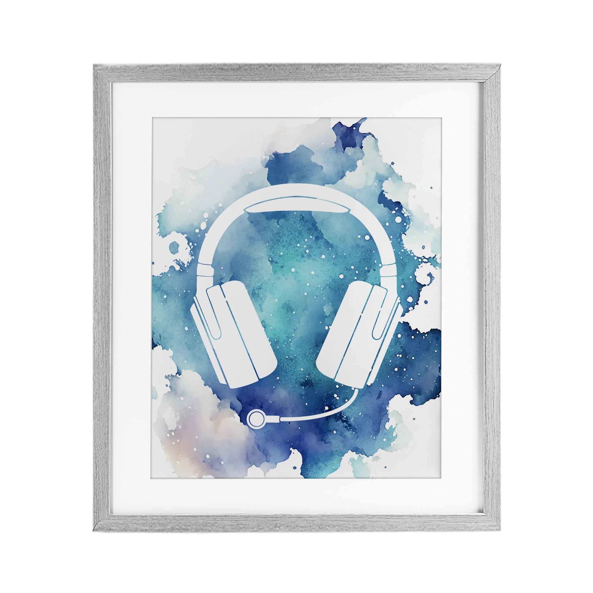 Blue Headphone Splatter Gray Framed Print Under Glass, design by Marcus Prime