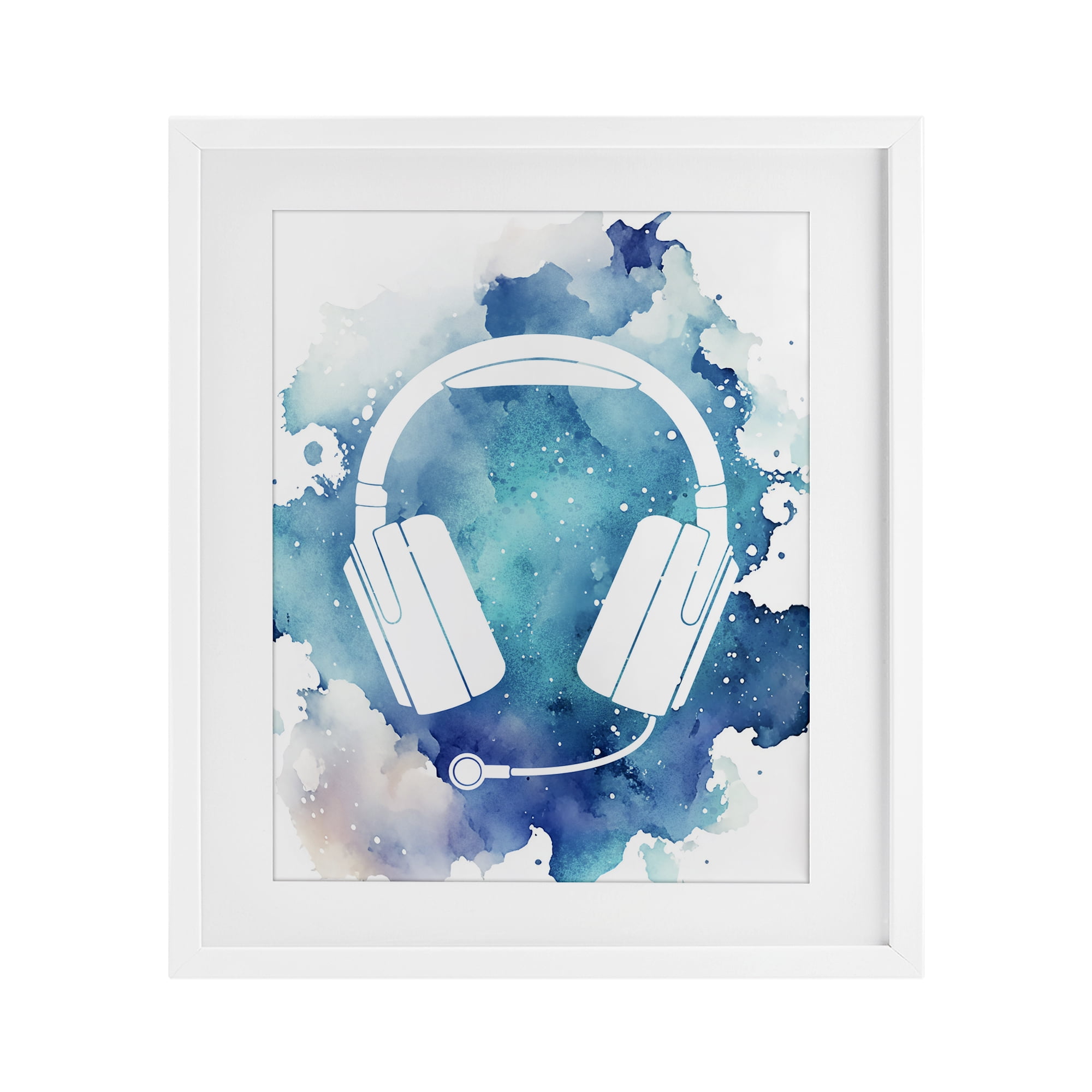 Blue Headphone Splatter White Framed Print Under Glass, design by Marcus Prime