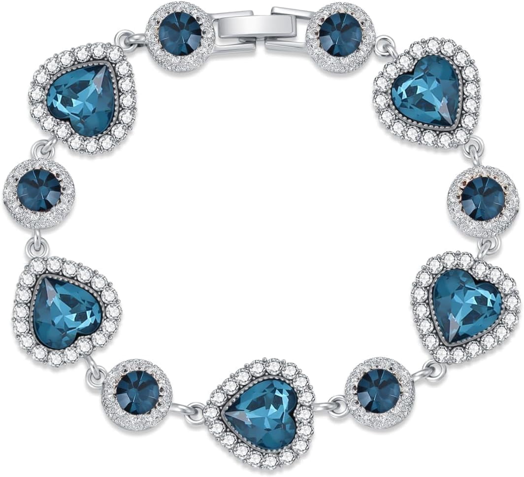 Blue Heart Bracelet for Women White Gold Elegant London Blue Gemstone Heart Bracelet Romantic Jewelry Gift Luxury Christmas Valentine’s Day Xmas Jewelry Gifts for Women Mom Stocking Stuffers