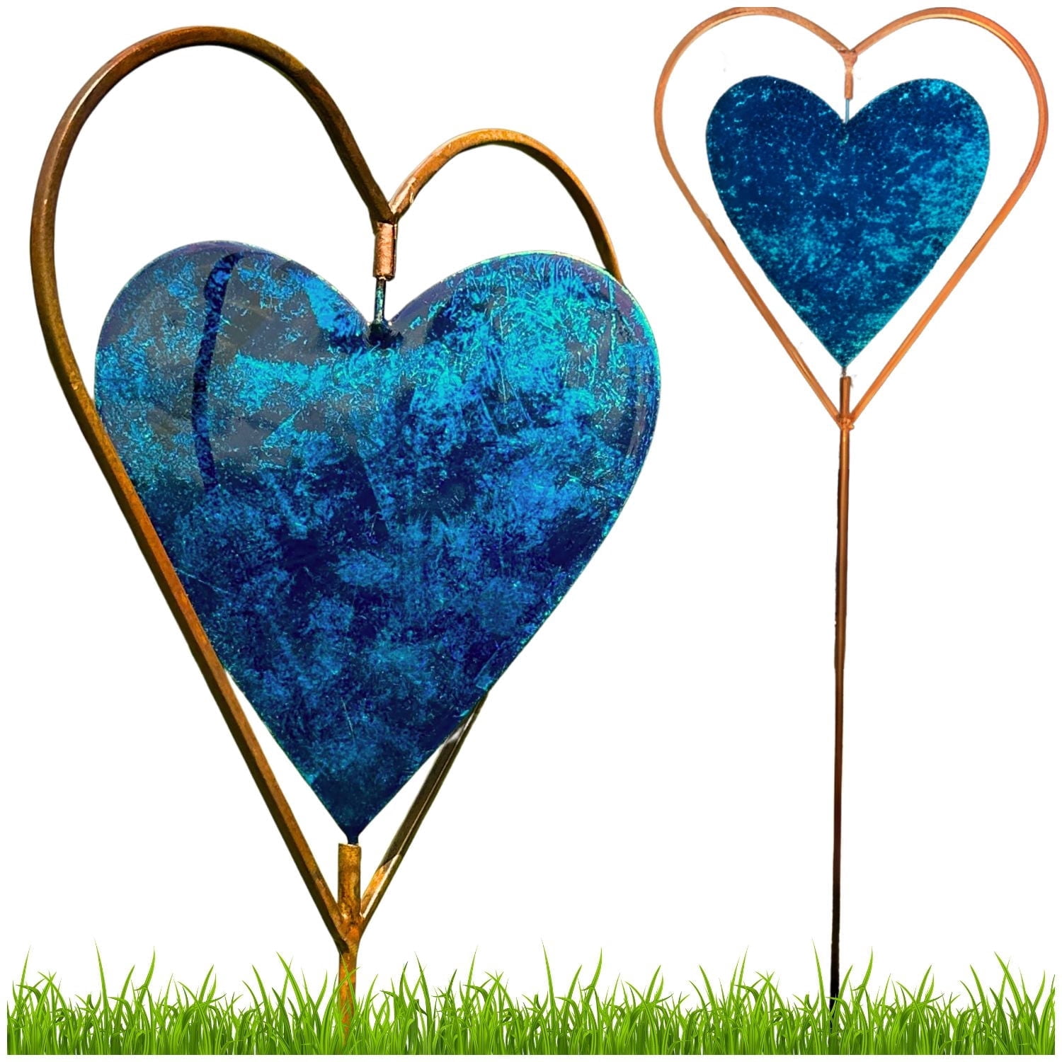 Happy Gardens Metal Garden Stake with Blue Heart Spinner (27” Tall - Glossy, Textured Finish) Decorative Large Outdoor Yard Art, and Outside Decor