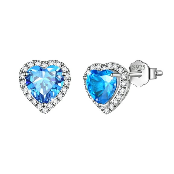 Blue Heart Earrings Women March Birthstone Earrings Aquamarine CZ 925 Sterling Silver Stud Earrings Crystal Jewelry Birthday Mother's Day Gifts