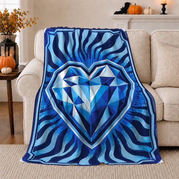 Blue Heart Gem with Zebra Waves and Faceted Crystal Look, Bold Abstract Jewel Art for Blue Lovers, Birthday Gift, Soft Flannel Blanket for Bedroom, Vivid Home Decor