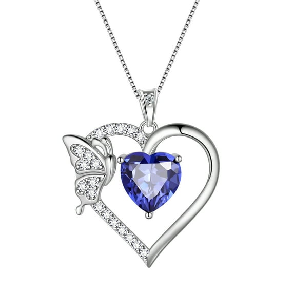 Blue Heart Necklace Butterfly December Birthstone Necklace Tanzanite CZ 925 Sterling Silver Pendant Jewelry Women Mother Wife Christmas Birthday Gift