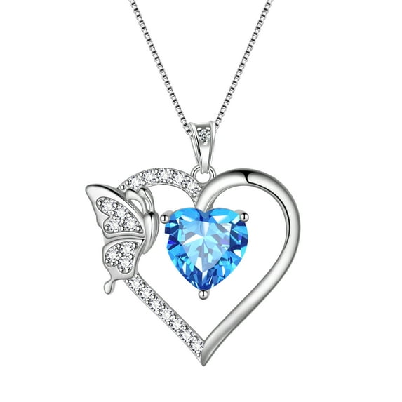Blue Heart Necklace Butterfly March Birthstone Necklace Aquamarine 925 Sterling Silver Pendant Jewelry Women Christmas Birthday Mother's Day Gift