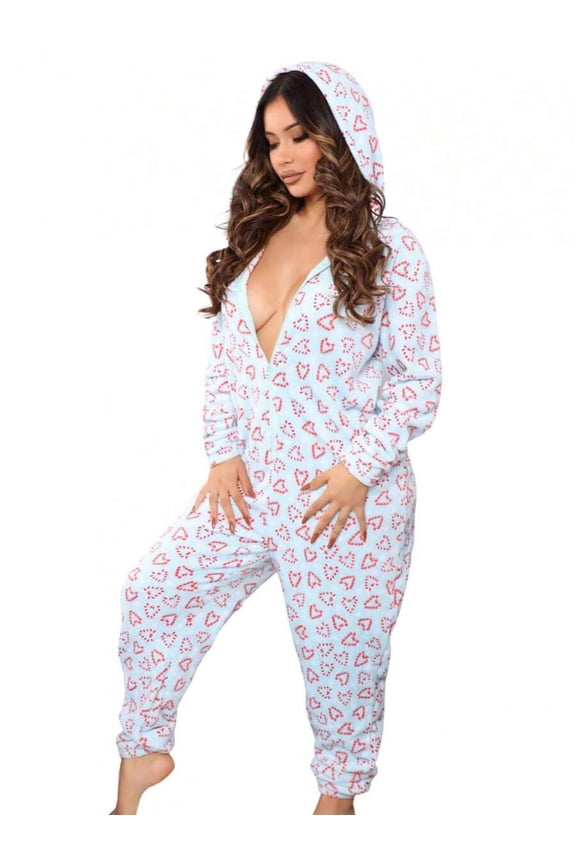 Blue Heart Print Fleece Hooded One-Piece Jumpsuit With Front Zipper Sleepwear