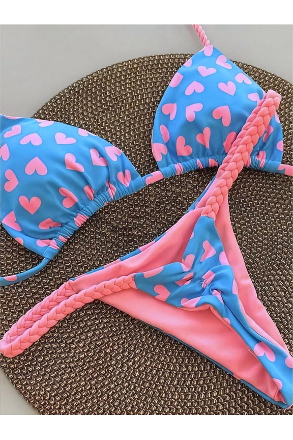 Blue Heart Print Tie-Up Bikini Set With Braided Straps