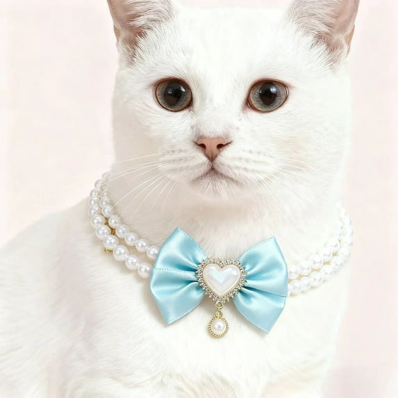 Blue Hearted Bow Dog and Cat Collar Pearl Collar Princess Bow Necklace, Pink Bows Necklace Chain for Small to Medium Cat and Dog, Cute Pet Collar Accessories, Valentines Wedding Birthday Pet Grooming