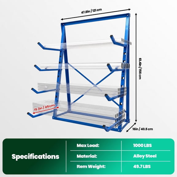 Blue Heavy-Duty Lumber Storage Rack  4-Tier Alloy Steel Structure, Waterproof & Rustproof with 551 lb Capacity, Stores Lumber, PVC Pipes, Metal Profiles  Ideal for Warehouse/Workshop/Farm, Size 61