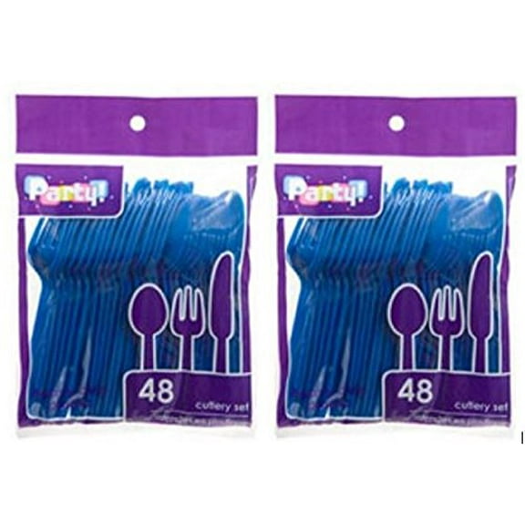 Blue Heavy Duty Plastic Cutlery Sets - 32 Spoons, 32 Forks, 32 Knives - 2 packs of 48 each, 96 pcs total