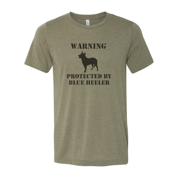 "Blue Heeler Shirt, Warning Protected By Blue Heeler, Unisex, Sublimation, Blue Heeler Tee, Australian Cattle Dog, ACD T, Cattle Dog Shirt, Heather Olive, SMALL"