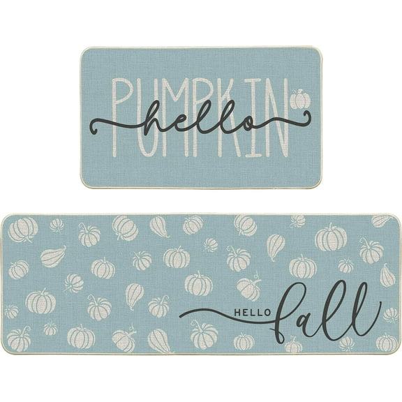 Blue Hello Pumpkin Fall Kitchen Mats Set of 2, Autumn Home Decor Low-Profile Kitchen Rugs for Floor - 17x29 and 17x47 Inch