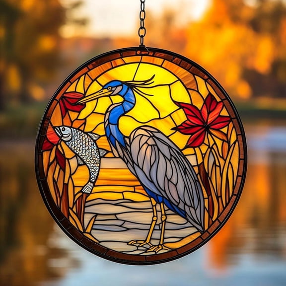 Blue Heron Acrylic Suncatcher, Lakeside Bird Faux Stained Glass Window Hanging Ornament, Fall Decor Gift For Nature Lovers